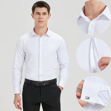 Men's Formal Long Sleeve Dressy Shirt Covered Buttons Front Placket Fits Comfortably French Cuffs Shirts Random Metal Cufflinks