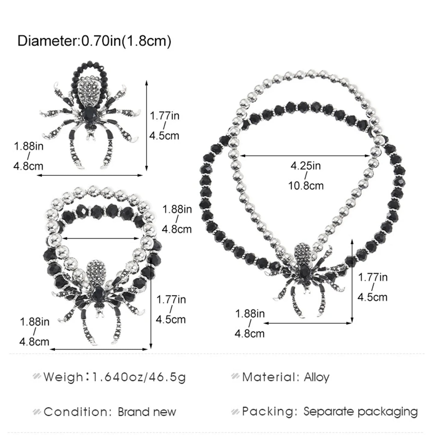 Gothic Dark Spider Necklace Bracelet Ring Set for Women Exaggerated Black Crystal Spider Halloween Accessories Jewelry Set Party