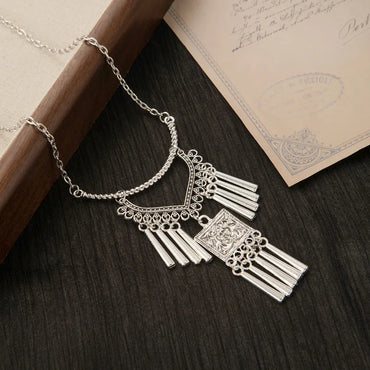 Ethnic Style Miao Silver Fringed Necklace, Bohemian Style Exotic Retro Engraved Necklace, Niche Personality Pendant Women