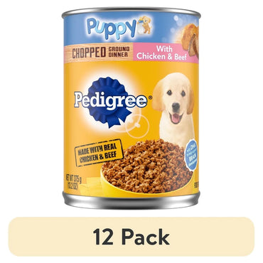 12 Pack Chopped Ground Wet Dog Food Puppies Chicken Beef Flavor 13.2 Oz Can Nutrient Rich Calcium DHA Healthy Development