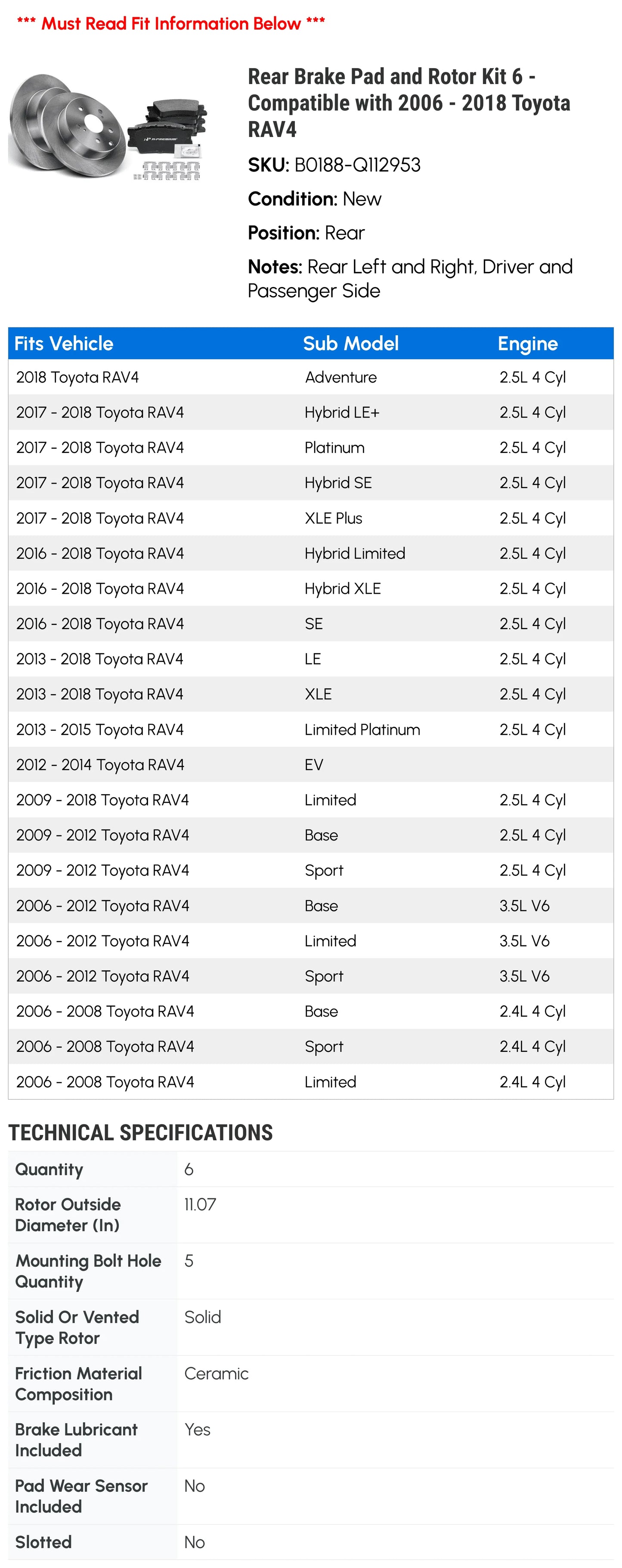 Rear Brake Pad and Rotor Kit 6 - Compatible with 2006 - 2018 Toyota RAV4 2007 2008 2009 2010 2011 2012 2013 2014 2015 2016 2017