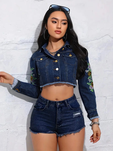Cropped Denim Jacket for Women - Floral Embroidery & Trendy Back Print