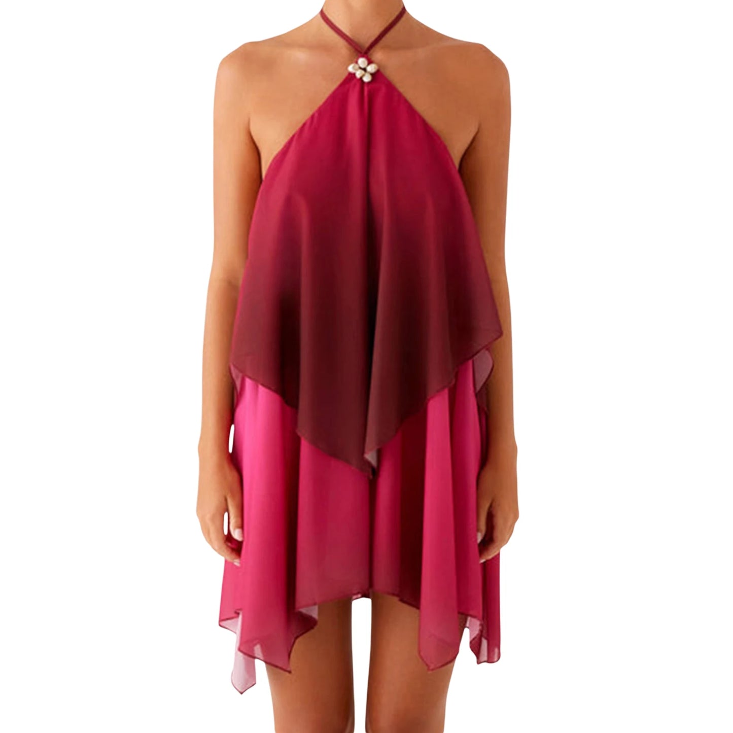 Women s Sleeveless Gradient Tie-Dye Mini Dress with Halter Neck and Ruffle Detail - Summer Fashion Casual Dress