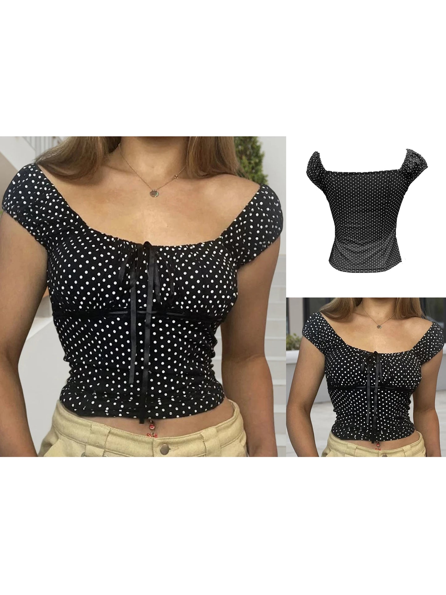 Women s Short Sleeve T-Shirts with Polka Dot Print and Tie-Up Front Detail Casual Summer Fashion Tops for a Fit Look