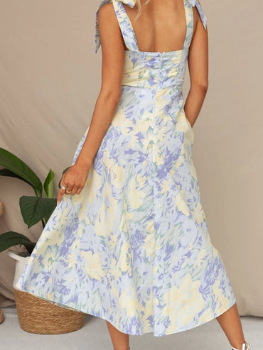 Women Sling Dress Sleeveless Low-cut Tie-up Flower Print Summer Long Dress for Cocktail Party