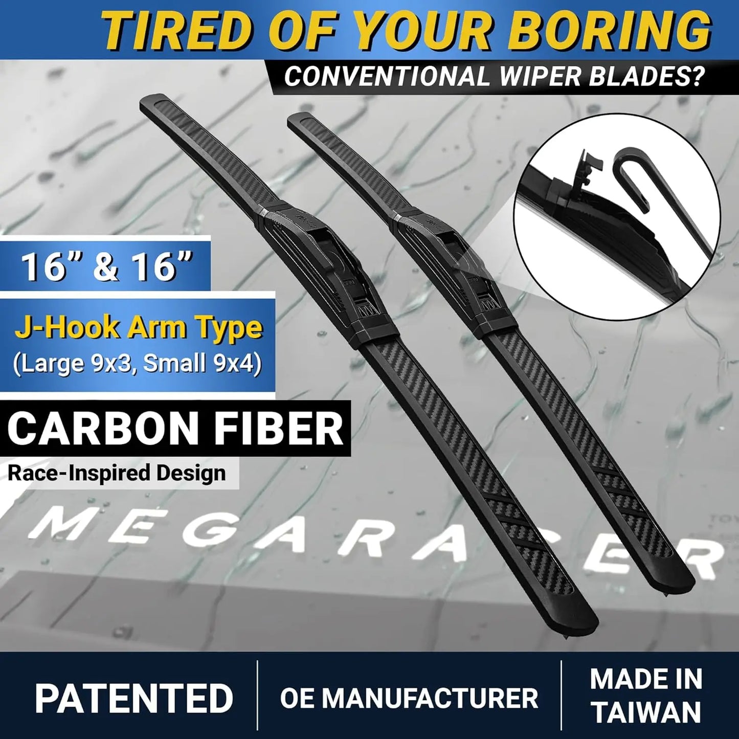 Patented OEM Carbon Fiber Windshield Wipers Blades 16"+16" | Fits Jeep Wrangler Gladiator 2018-2025 | Front Automotive Replaceme
