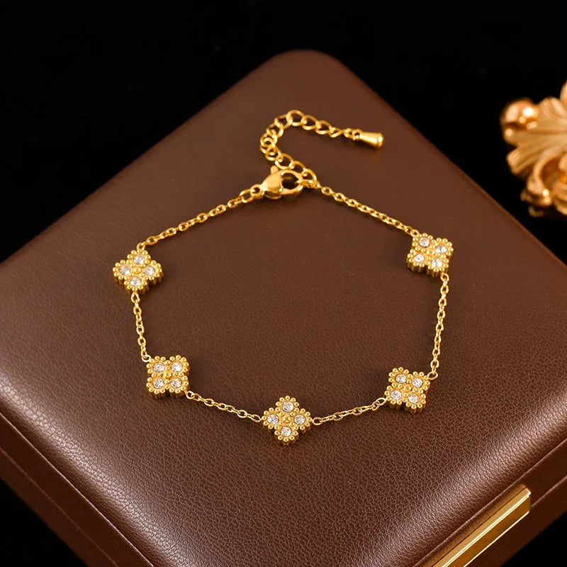 GANEMLY New Sparkling Leaf Clover Zircon Necklace Bracelet Earrings Set For Women Trendy Stainless Steel Waterproof Jewelry Gift