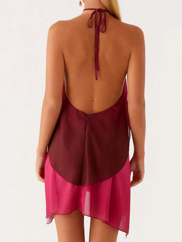 Women s Sleeveless Gradient Tie-Dye Mini Dress with Halter Neck and Ruffle Detail - Summer Fashion Casual Dress