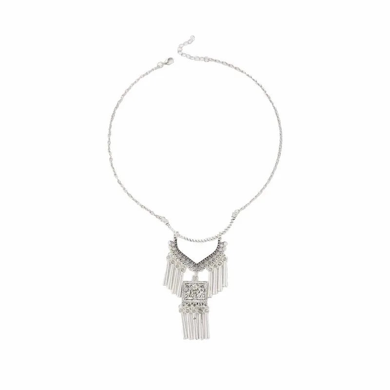 Ethnic Style Miao Silver Fringed Necklace, Bohemian Style Exotic Retro Engraved Necklace, Niche Personality Pendant Women