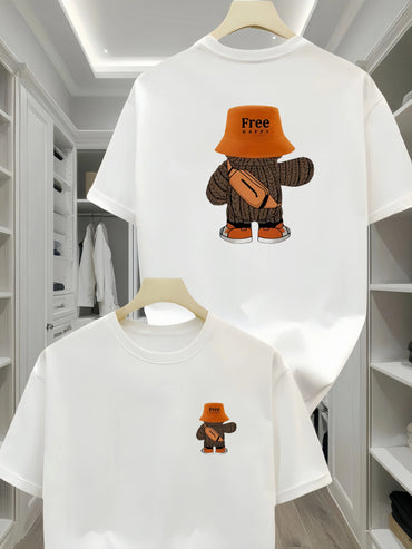 Men's 100% cotton T-shirt with backpack bear pattern casual and comfortable short sleeved round neck suitable for all seasons