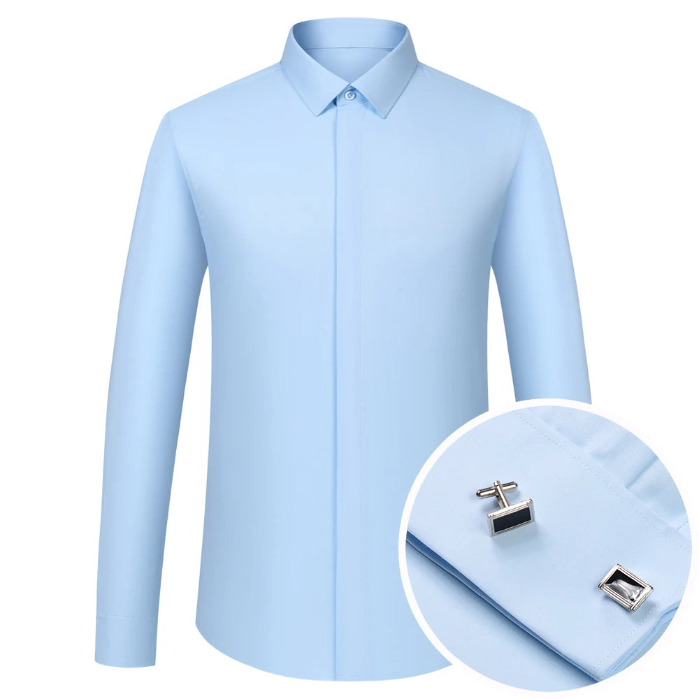 Men's Formal Long Sleeve Dressy Shirt Covered Buttons Front Placket Fits Comfortably French Cuffs Shirts Random Metal Cufflinks
