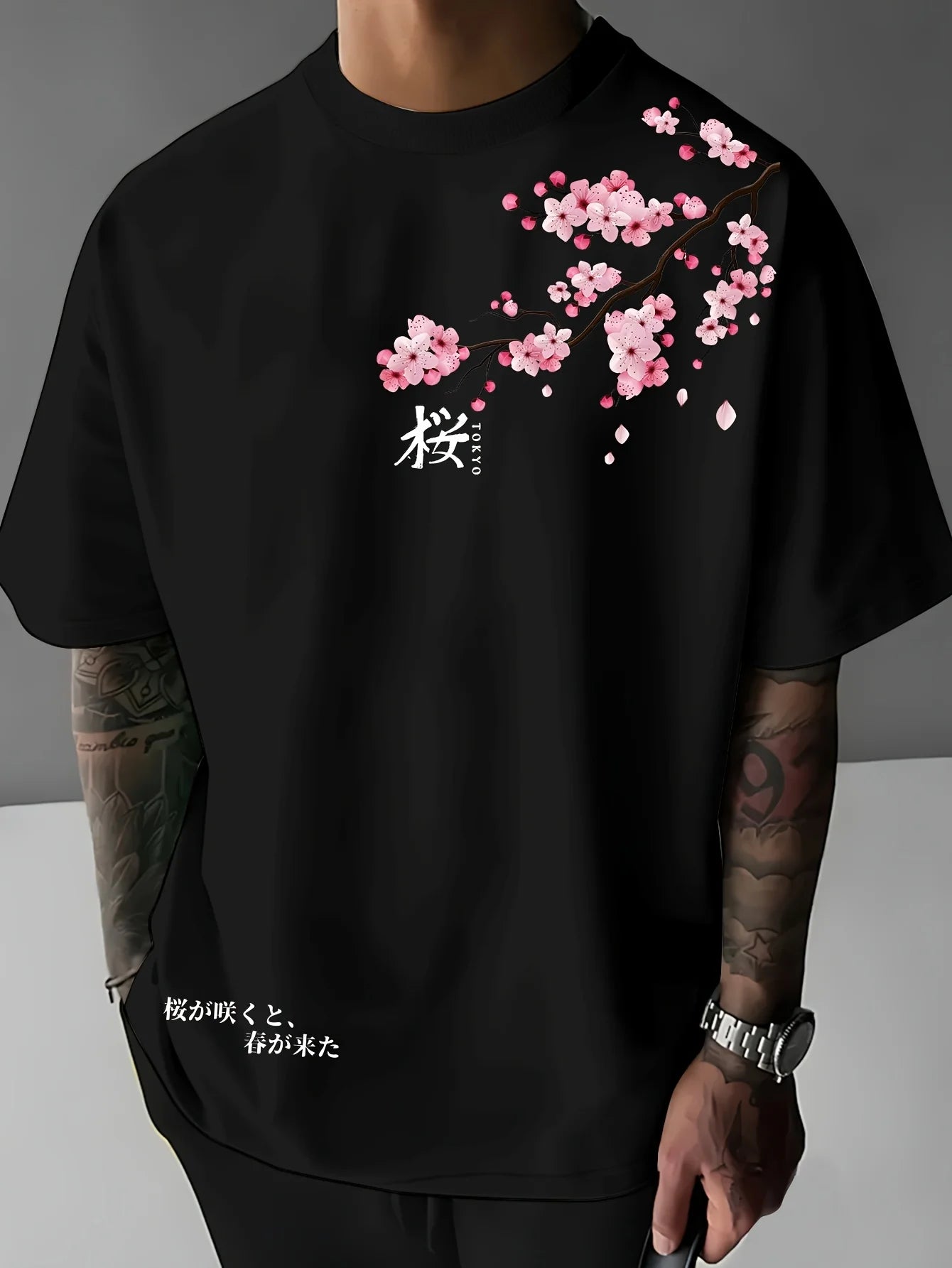 Men's cherry blossom pattern breathable polyester fiber mass casual T-shirt comfortable and breathable summer casual clothing