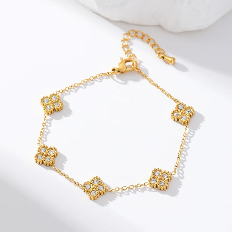 GANEMLY New Sparkling Leaf Clover Zircon Necklace Bracelet Earrings Set For Women Trendy Stainless Steel Waterproof Jewelry Gift