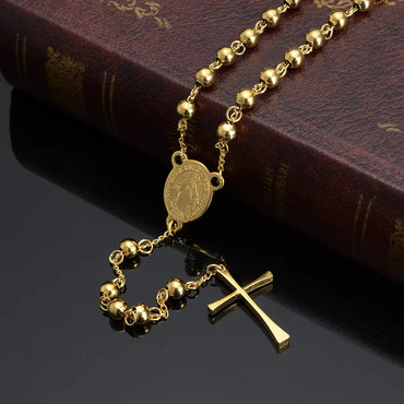 4/6/8mm  Stainless Steel Pendant Necklace Men Women Rosary Beads Chain Necklace