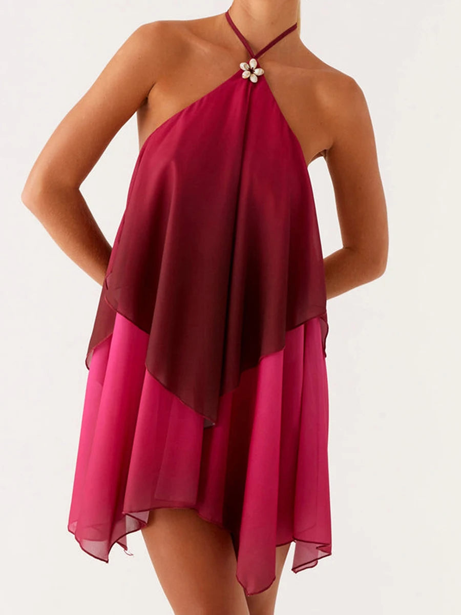 Women s Sleeveless Gradient Tie-Dye Mini Dress with Halter Neck and Ruffle Detail - Summer Fashion Casual Dress