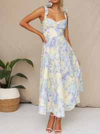 Women Sling Dress Sleeveless Low-cut Tie-up Flower Print Summer Long Dress for Cocktail Party