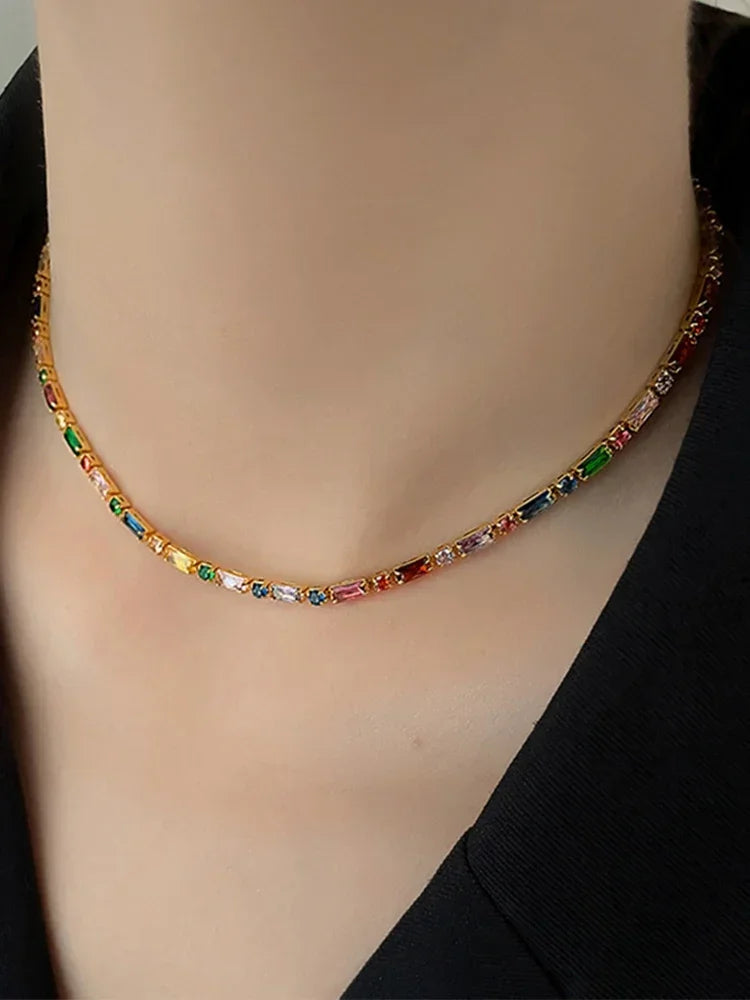 2025 Luxury Design Colorful Zircon Chain Necklace Bracelet Jewelry Sets Korean Fashion Accessories Exquisite Gift for Womens