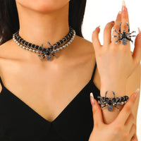 Gothic Dark Spider Necklace Bracelet Ring Set for Women Exaggerated Black Crystal Spider Halloween Accessories Jewelry Set Party