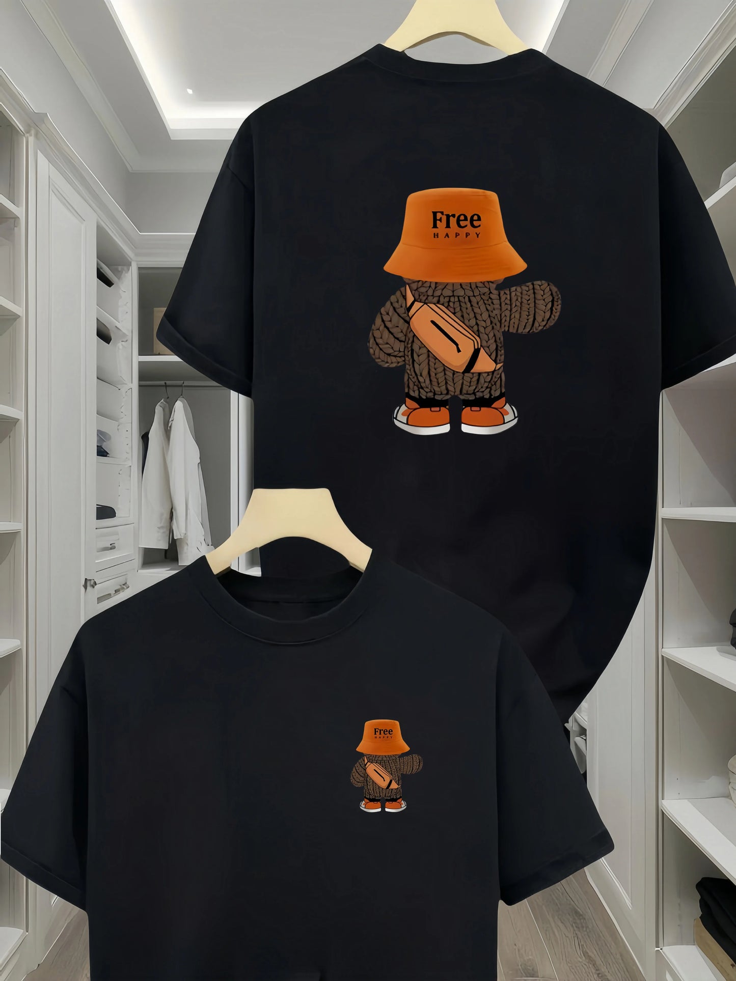 Men's 100% cotton T-shirt with backpack bear pattern casual and comfortable short sleeved round neck suitable for all seasons