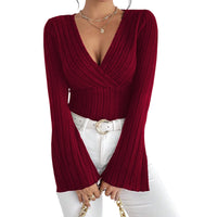Stylish Women s  Fit Deep V Neck Blouse with Flare Long Sleeves - Trendy Solid Color Fashion Top for Ladies