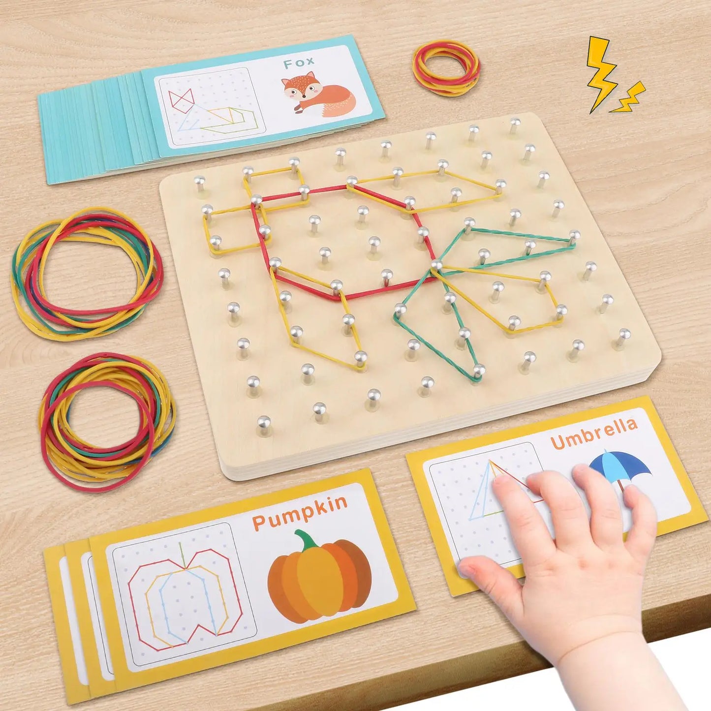 Wood Geoboard Set Block Toy Brain Teaser with 30 Pattern Cards Geometry Board