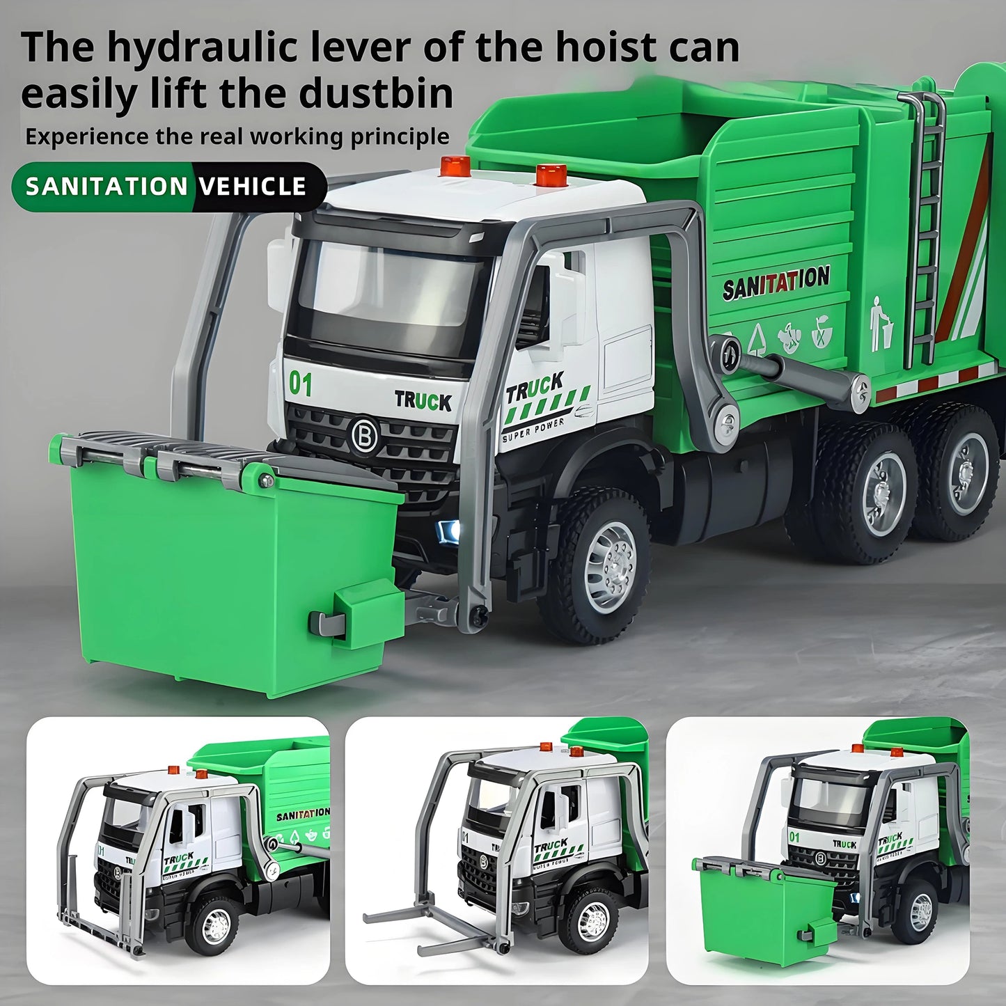 Alloy garbage truck toys, sanitation truck with lights and sounds, simulation recycling features, ideal gift for boys