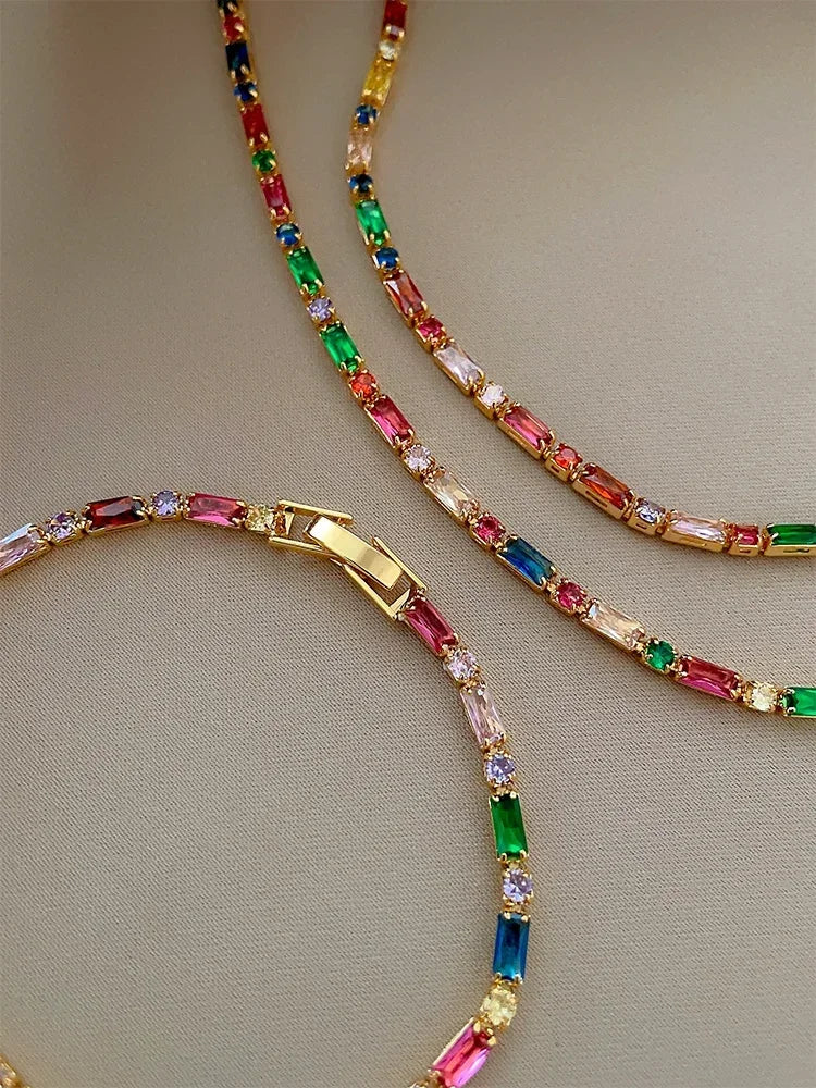 2025 Luxury Design Colorful Zircon Chain Necklace Bracelet Jewelry Sets Korean Fashion Accessories Exquisite Gift for Womens