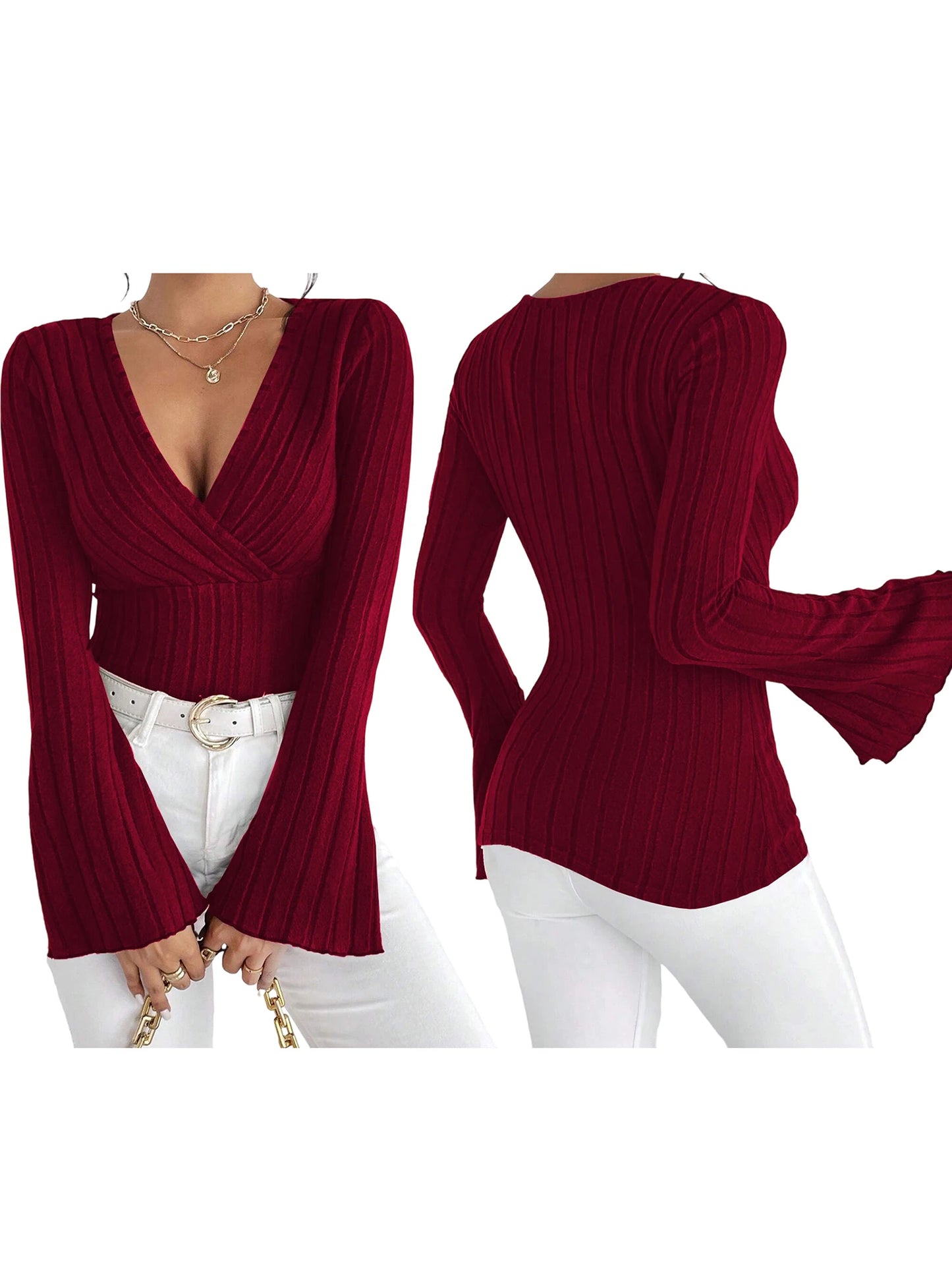 Stylish Women s  Fit Deep V Neck Blouse with Flare Long Sleeves - Trendy Solid Color Fashion Top for Ladies