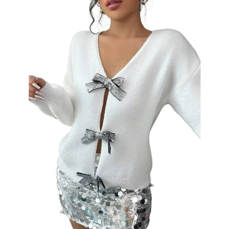 Autumn and Winter New Fashion Woman Sweater Sequined Bow Trim Loose Long Sleeve Niche Knit Cardigan