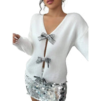 Autumn and Winter New Fashion Woman Sweater Sequined Bow Trim Loose Long Sleeve Niche Knit Cardigan