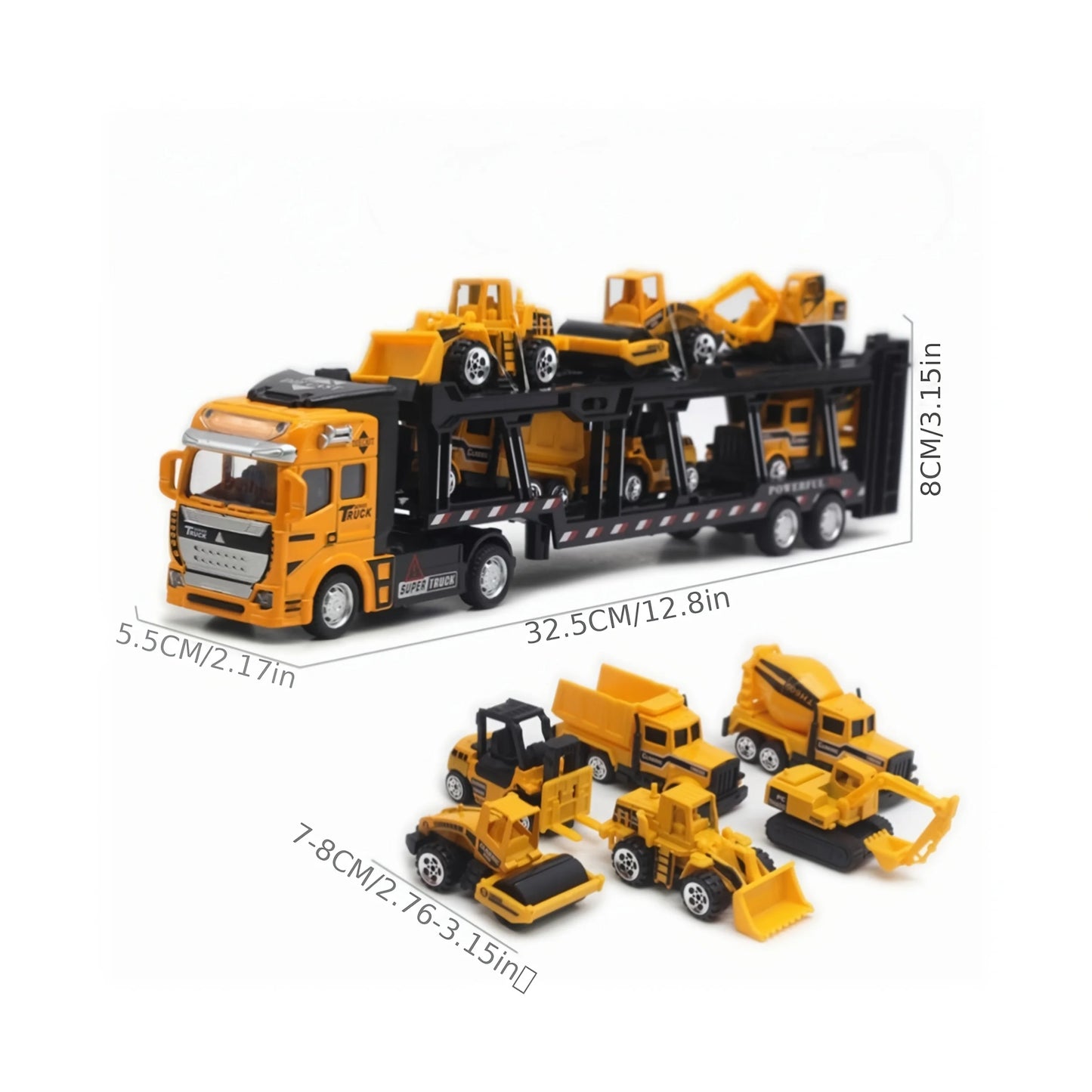 King of Trucks Alloy Toy Set: 12.6-inch alloy semi-trailer truck with 6 miniature construction vehicles,  Ideal birthday gift
