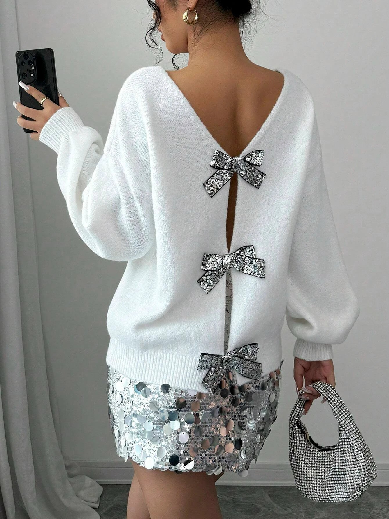Autumn and Winter New Fashion Woman Sweater Sequined Bow Trim Loose Long Sleeve Niche Knit Cardigan