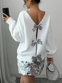 Autumn and Winter New Fashion Woman Sweater Sequined Bow Trim Loose Long Sleeve Niche Knit Cardigan