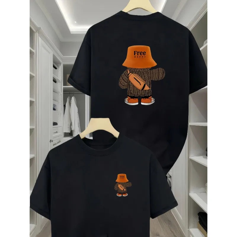 Men's 100% cotton T-shirt with backpack bear pattern casual and comfortable short sleeved round neck suitable for all seasons