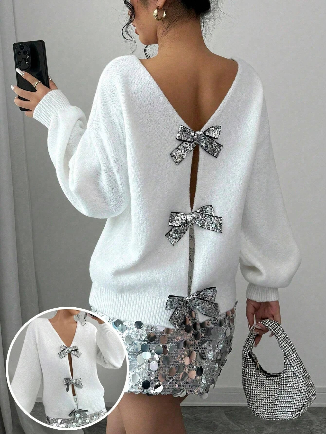 Autumn and Winter New Fashion Woman Sweater Sequined Bow Trim Loose Long Sleeve Niche Knit Cardigan