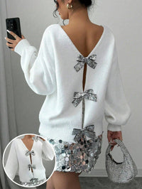 Autumn and Winter New Fashion Woman Sweater Sequined Bow Trim Loose Long Sleeve Niche Knit Cardigan