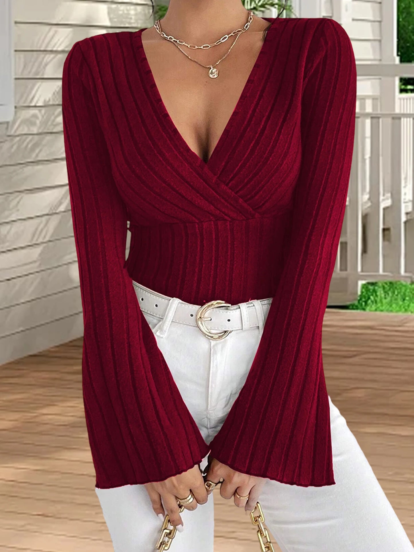 Stylish Women s  Fit Deep V Neck Blouse with Flare Long Sleeves - Trendy Solid Color Fashion Top for Ladies