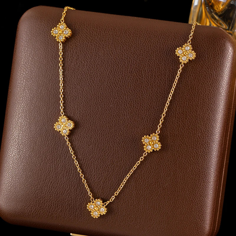 GANEMLY New Sparkling Leaf Clover Zircon Necklace Bracelet Earrings Set For Women Trendy Stainless Steel Waterproof Jewelry Gift