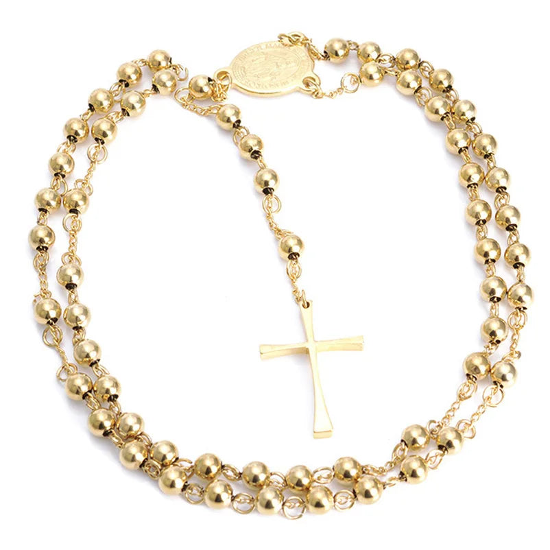 4/6/8mm  Stainless Steel Pendant Necklace Men Women Rosary Beads Chain Necklace