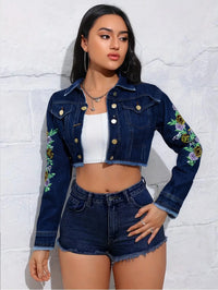 Cropped Denim Jacket for Women - Floral Embroidery & Trendy Back Print