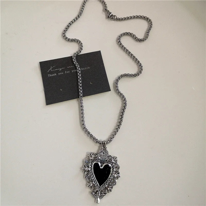 Punk Rock Black Heart Cross Pendant Chain Necklace For Men Women Cool Hip Hop Street Vintage 90s Y2K Grunge Goth Accessories