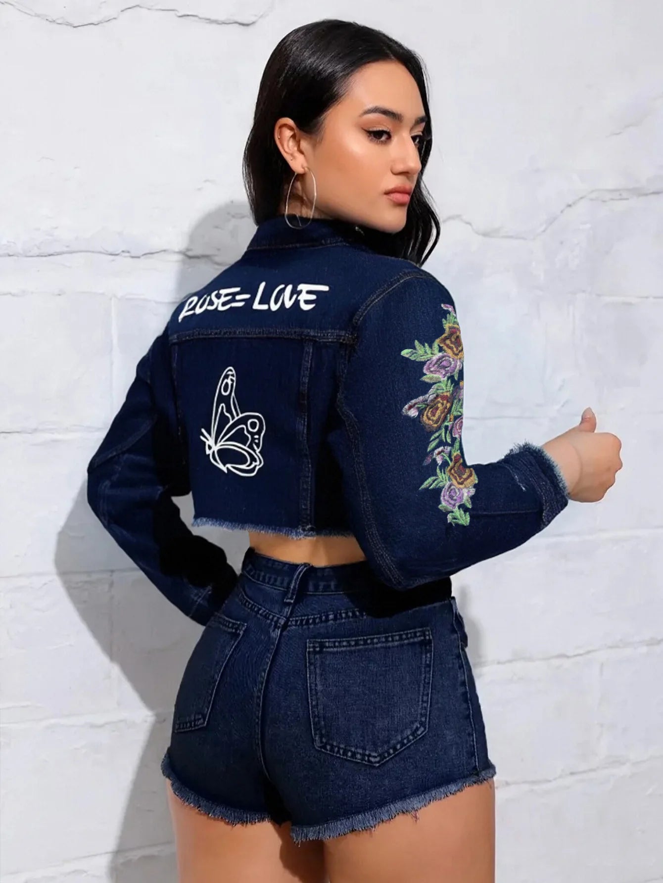 Cropped Denim Jacket for Women - Floral Embroidery & Trendy Back Print