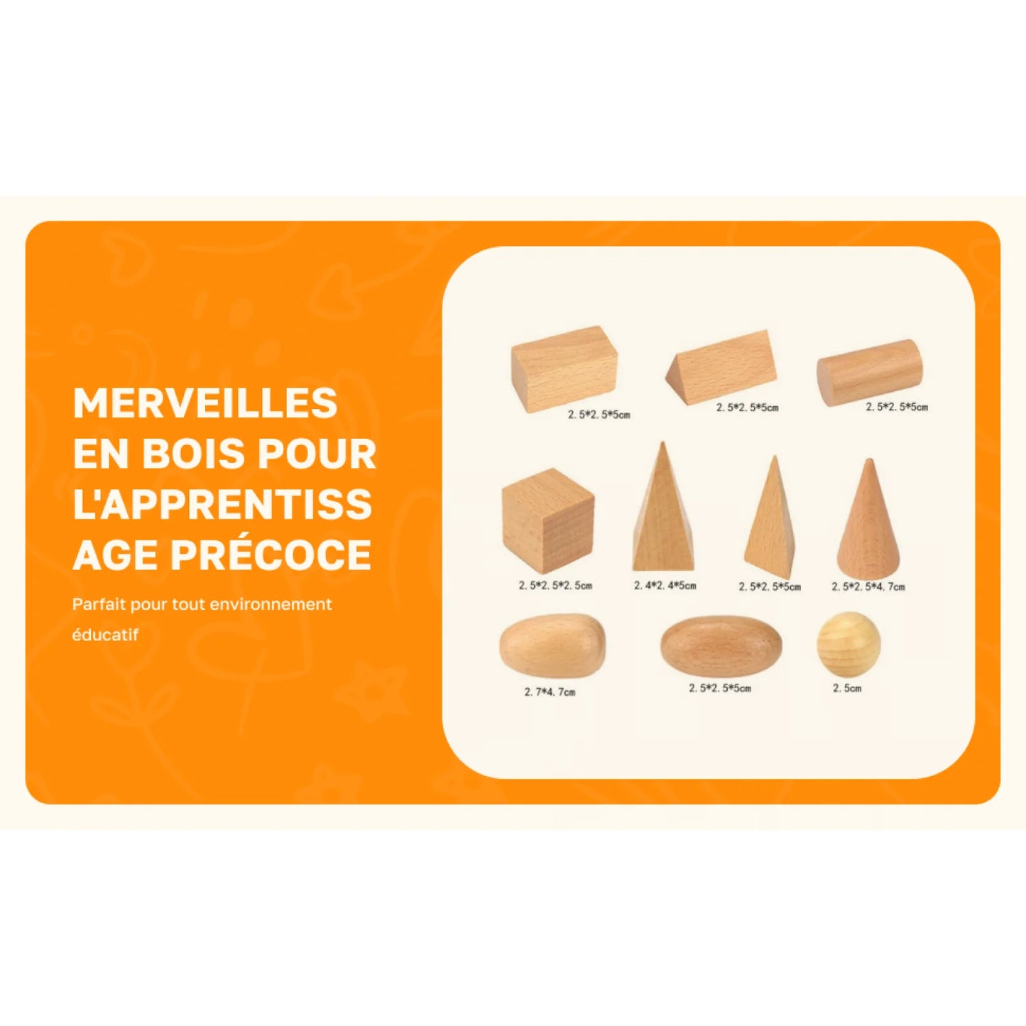 Wooden 3D Shapes Geometric Solid Blocks Preschool Learning , Set of 10