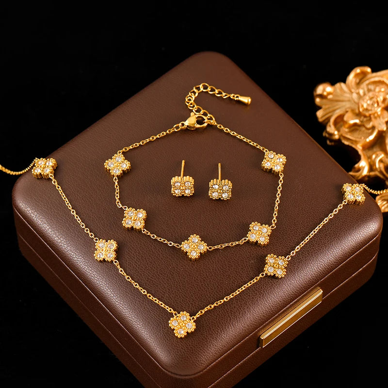 GANEMLY New Sparkling Leaf Clover Zircon Necklace Bracelet Earrings Set For Women Trendy Stainless Steel Waterproof Jewelry Gift