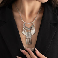 Ethnic Style Miao Silver Fringed Necklace, Bohemian Style Exotic Retro Engraved Necklace, Niche Personality Pendant Women