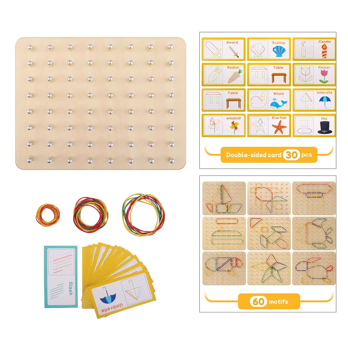 Wood Geoboard Set Block Toy Brain Teaser with 30 Pattern Cards Geometry Board