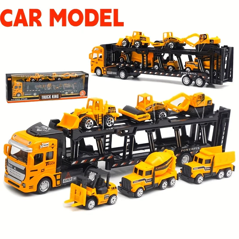 King of Trucks Alloy Toy Set: 12.6-inch alloy semi-trailer truck with 6 miniature construction vehicles,  Ideal birthday gift