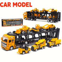 King of Trucks Alloy Toy Set: 12.6-inch alloy semi-trailer truck with 6 miniature construction vehicles,  Ideal birthday gift