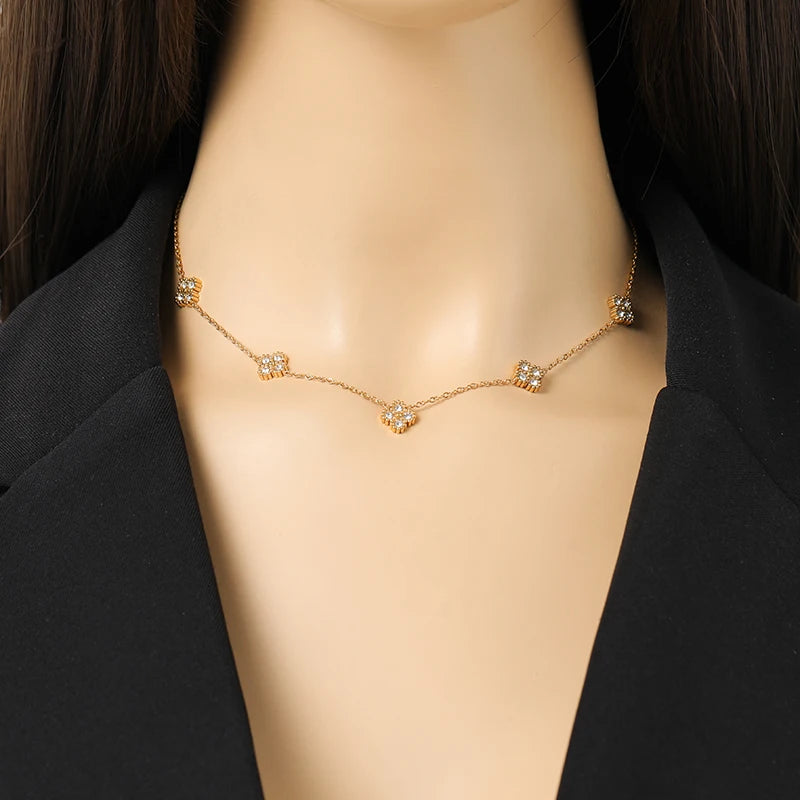 GANEMLY New Sparkling Leaf Clover Zircon Necklace Bracelet Earrings Set For Women Trendy Stainless Steel Waterproof Jewelry Gift