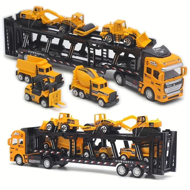 King of Trucks Alloy Toy Set: 12.6-inch alloy semi-trailer truck with 6 miniature construction vehicles,  Ideal birthday gift